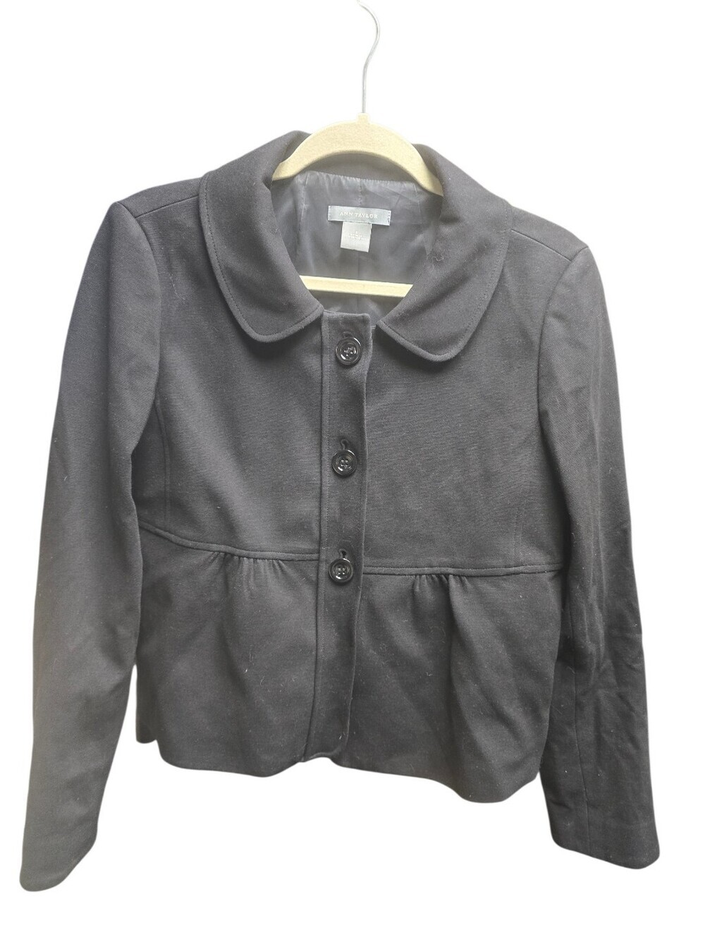 Ann Taylor Women's Black Cropped Empire Waist Jacket Peter Pan Collar Sz.8